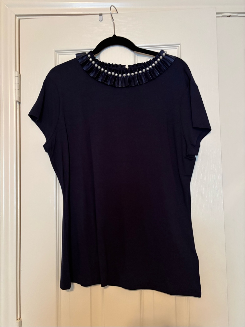 Ted Baker London Navy Pleated Pearl-Trim Short Sleeve Top